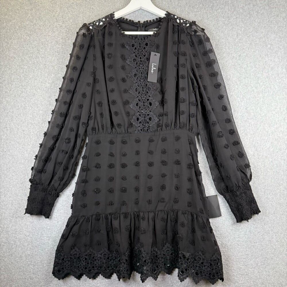 Lulus Medium Lust or Love Mini Dress Black Embroidered Lace Long Sleeve NWT